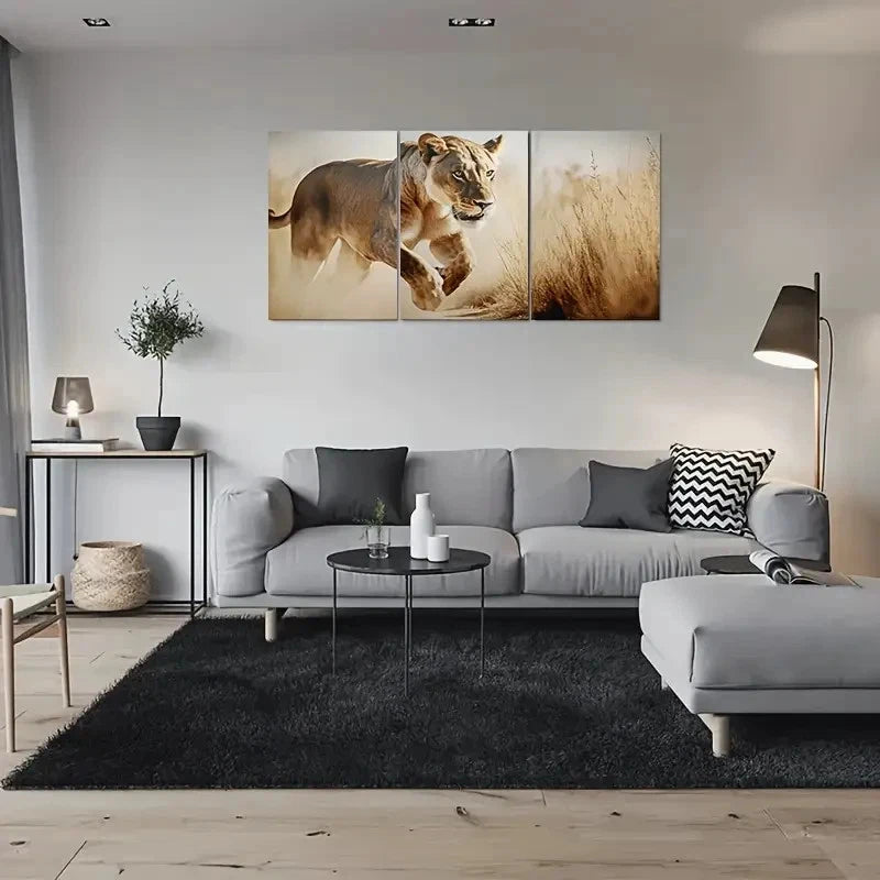 3pcs Wildlife Lioness in Motion Wall Art Set Canvas Framed 60x90cm - High Quality Print 100% Australian Made Wall Canvas Ready to Hang