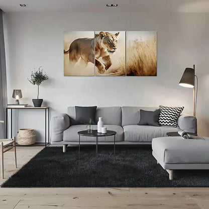 3pcs Wildlife Lioness in Motion Wall Art Set Canvas Framed 60x90cm - High Quality Print 100% Australian Made Wall Canvas Ready to Hang