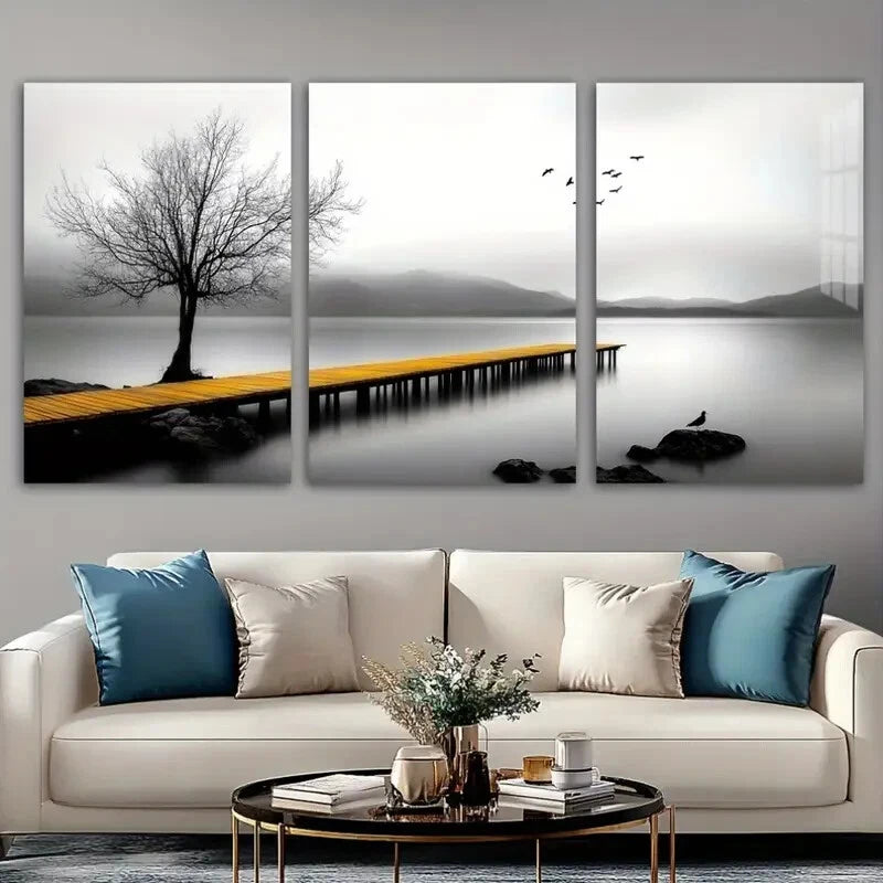 3pcs Seaside Birds and Trees Black Themed Metal Print Ready to Hang Art - Bella Home Decor