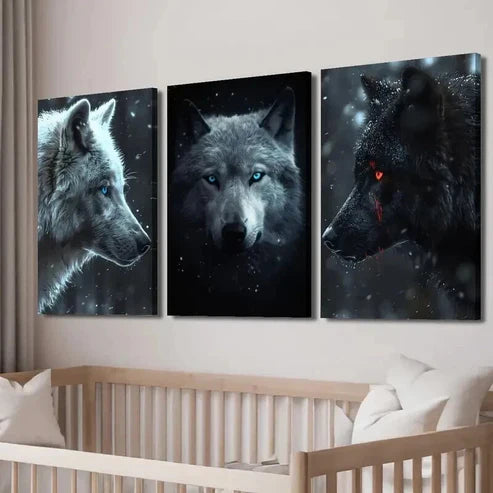 3pcs White And Black Glowing Eyes Wolves Wall Art Set Canvas Unframed - High Quality Print 100% Australian Made Wall Canvas