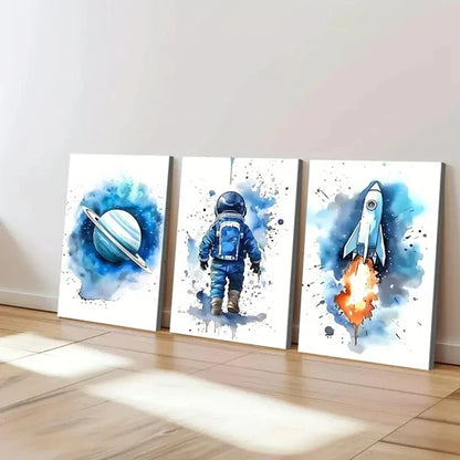 3pcs Modern Cosmic Art Space Rocket Blue & Fire Wall Art Set Canvas Unframed - High Quality Print 100% Australian Made Wall Canvas