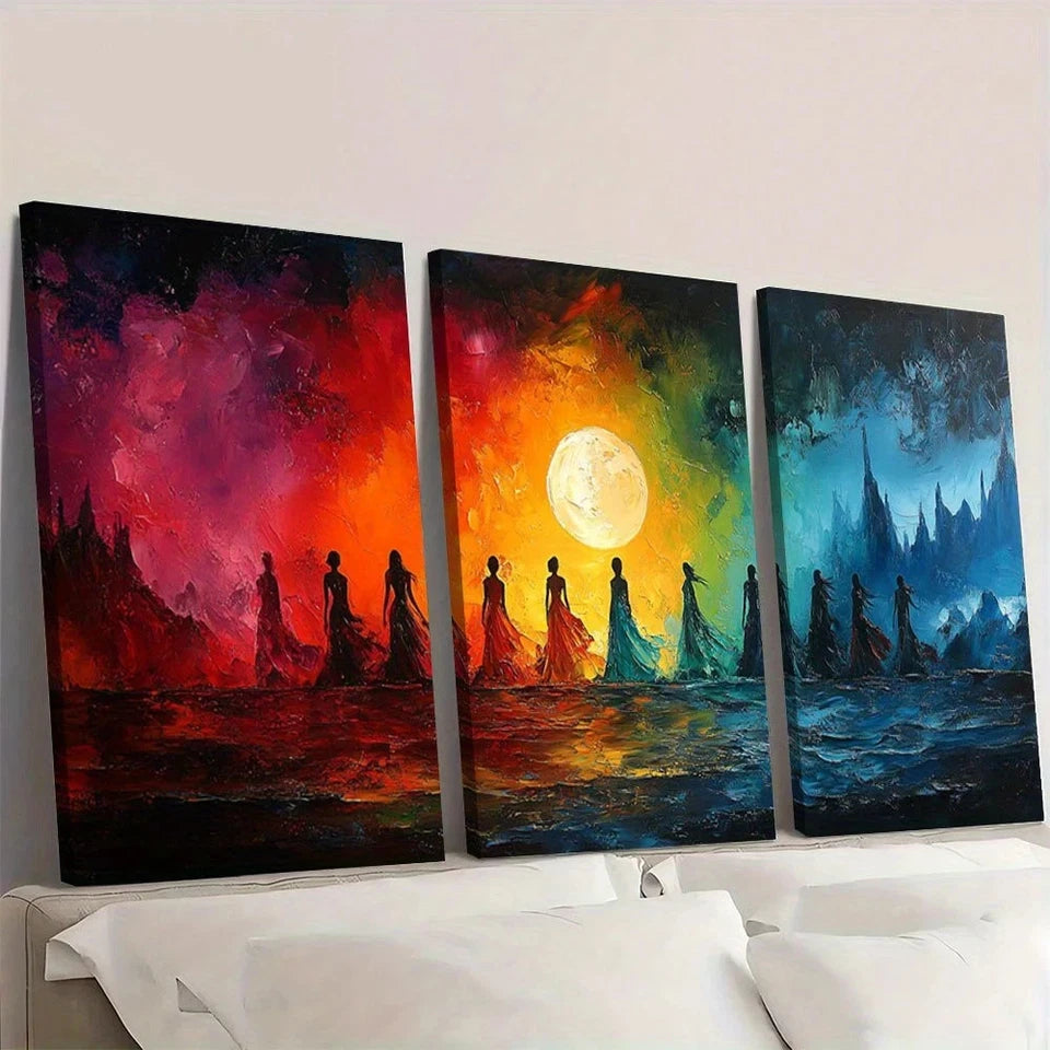 Three colorful abstract paintings of people walking together with a moon in the center.
