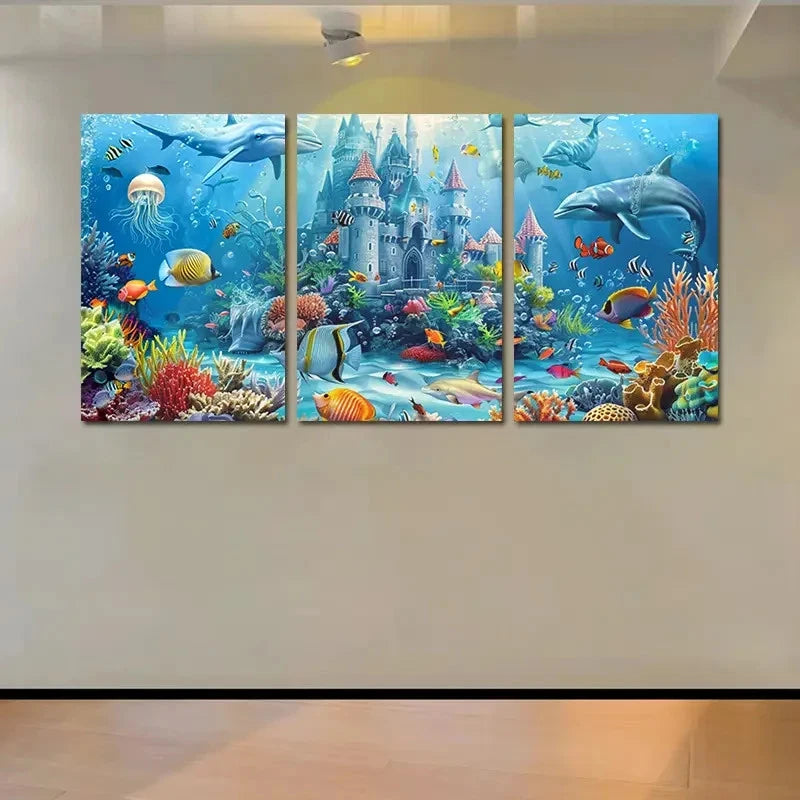 3pcs The Underwater Castle Where Dolphins Play  Wall Art Set Canvas Framed 60x90cm - High Quality Print 100% Australian Made Wall Canvas Ready to Hang
