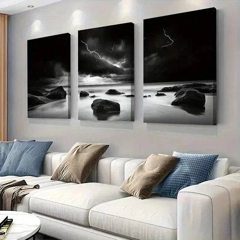 3pcs Black and White Stormy Ocean Landscape Wall Art Canvas Unframed - High Quality Print 100% Australian Made Wall Canvas - Bella Home Decor
