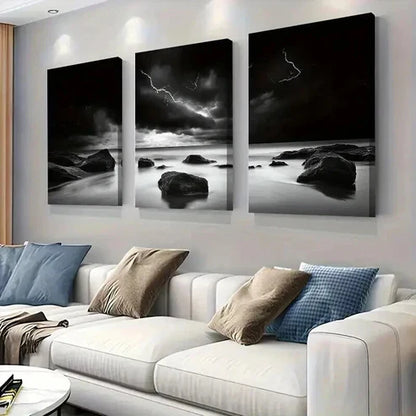 3pcs Black and White Stormy Ocean Landscape Wall Art Canvas Unframed - High Quality Print 100% Australian Made Wall Canvas - Bella Home Decor