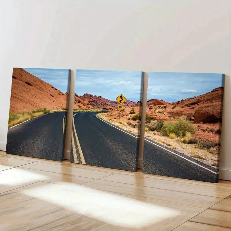 3pcs Road Landscape with Cacti & Rock Formations Wall Art Set Canvas Framed 60x90cm - High Quality Print 100% Australian Made Wall Canvas Ready to Hang
