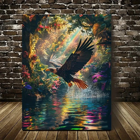 Eagle Splashing in Jungle River with Vibrant Painting 40x60cm Metal Print Ready to Hang