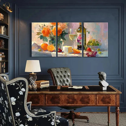 3pcs Floral Still Life Wine Glass Cheese Fruits Metal Print Ready to Hang Art - Bella Home Decor