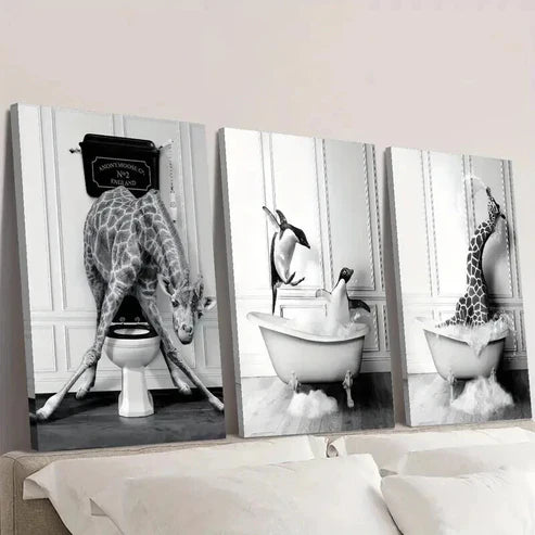3pcs Black & White Giraffe & Penguin in Bathtub Wall Art Canvas Unframed - High Quality Print 100% Australian Made Wall Canvas - Bella Home Decor