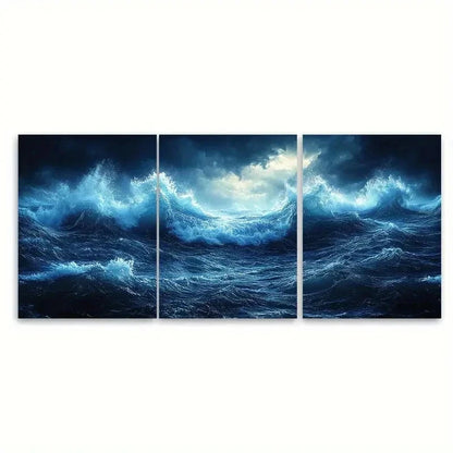 3pcs Sea Foam Waves Storm Seascape VB  Wall Art Set Canvas Framed 60x90cm - High Quality Print 100% Australian Made Wall Canvas Ready to Hang