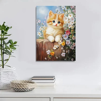 Adorable Orange Kitten with Floral Background Painting 40x60cm Metal Print Ready to Hang - Bella Home Decor