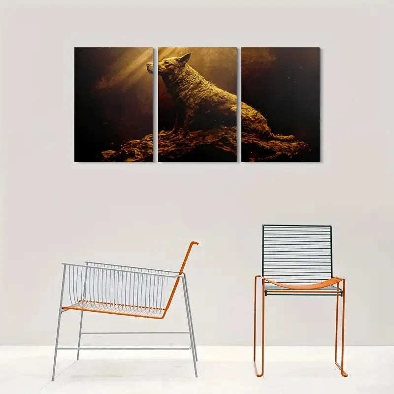 3pcs Golden Wolf Modern Animal Metal Print Ready to Hang Art - Bella Home Decor