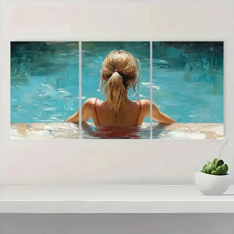 3pcs  Woman by Pool, Relaxing Summer  TY Wall Art Set Canvas Framed 40x60cm - High Quality Print 100% Australian Made Wall Canvas Ready to Hang - Bella Home Decor