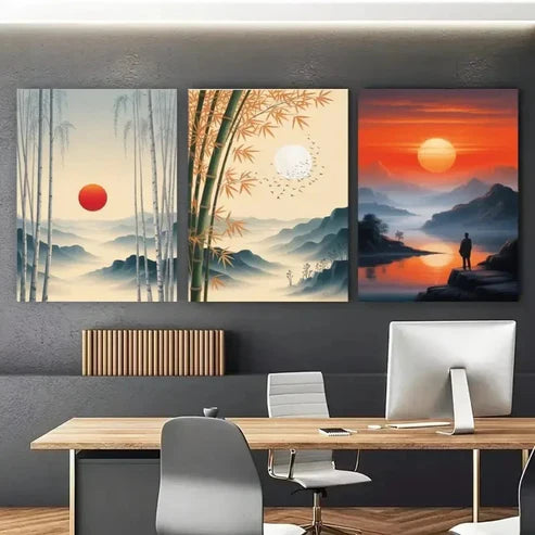 3pcs Bamboo, Red Sun, Mountains & Water Wall Art Canvas Unframed – High Quality Print 100% Australian Made Wall Canvas - Bella Home Decor