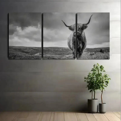 3pcs Black and White Highland Cow Standing Metal Print Ready to Hang Art - Bella Home Decor