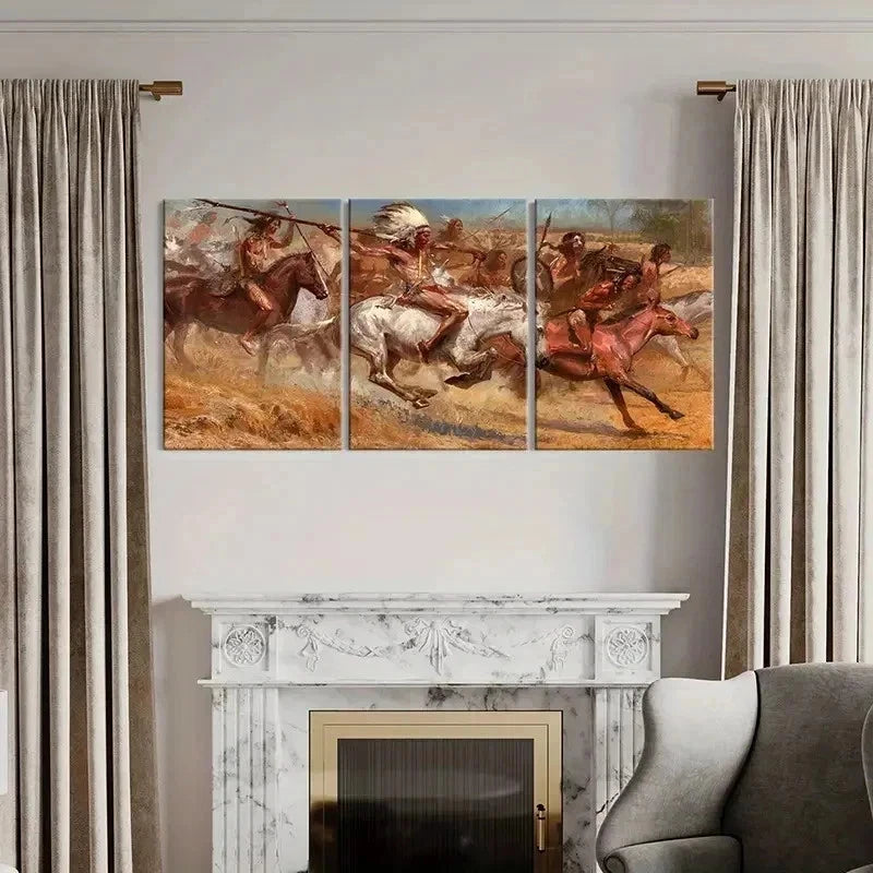 3pcs Native Americans On Horses Red Indians Wall Art Set Canvas Framed 60x90cm - High Quality Print 100% Australian Made Wall Canvas Ready to Hang