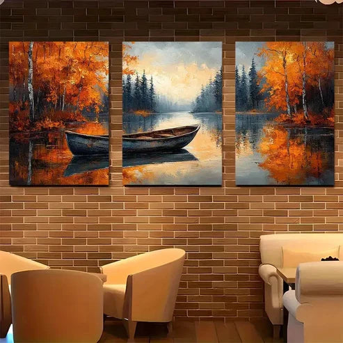3pcs Autumn River Boat Rustic Fall Perfect Wall Art Set Canvas Unframed - High Quality Print 100% Australian Made Wall Canvas - Bella Home Decor