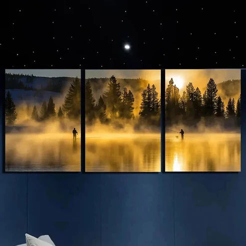 3pcs Two People Fishing at the Lake Wall Art Canvas Unframed – High Quality Print 100% Australian Made Wall Canvas