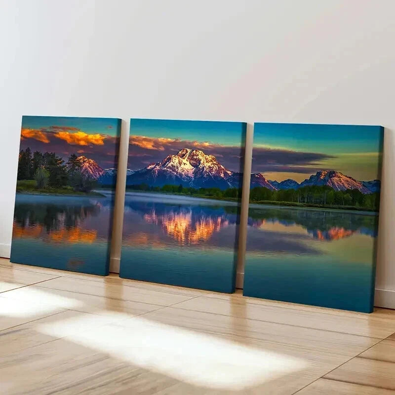 3pcs Mountains Lakes Sun Reflection on Water Wall Art Set Canvas Framed 60x90cm - High Quality Print 100% Australian Made Wall Canvas Ready to Hang - Bella Home Decor