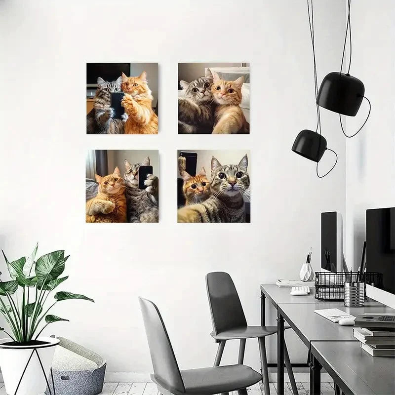 4pcs Elegant Cat Selfie PostersWall Art Canvas Framed