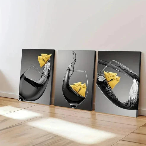 3pcs Abstract Black & Yellow Accents Wine Glass Wall Art Canvas Unframed - High Quality Print 100% Australian Made Wall Canvas - Bella Home Decor