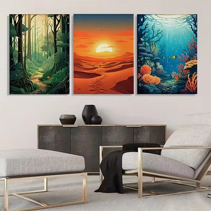 3pcs Nature Scenes: Jungle, Desert & Ocean  Wall Art Set Canvas Framed 60x90cm - High Quality Print 100% Australian Made Wall Canvas Ready to Hang
