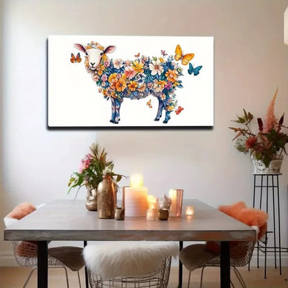 Vibrant Floral Sheep Design Wall Art Canvas Office Home Room Framed 120x60cm