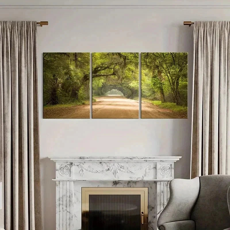 3pcs Serene Sunlit Forest Tree Lined Pathway Wall Art Set Canvas Framed 50x70cm - High Quality Print 100% Australian Made Wall Canvas Ready to Hang