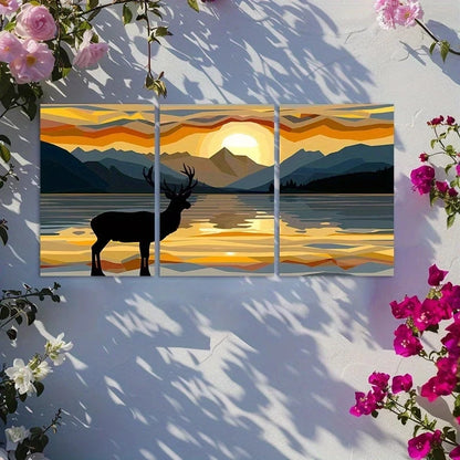 3pcs Sunset Deer and Lake Illustration Metal Print Ready to Hang Art