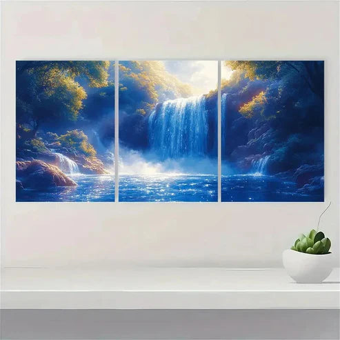 3pcs Glowing Blue Waterfall ER Wall Art Set Canvas Unframed - High Quality Print 100% Australian Made Wall Canvas - Bella Home Decor
