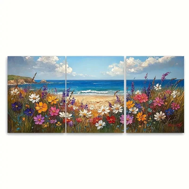 3pcs Cornwall Beach Painting Wildflowers GY  Wall Art Set Canvas Framed 60x90cm - High Quality Print 100% Australian Made Wall Canvas Ready to Hang - Bella Home Decor