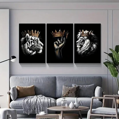 3pcs Crowned Lion and Tiger Decorative Pattern Wall Art Set Canvas Unframed - High Quality Print 100% Australian Made Wall Canvas - Bella Home Decor