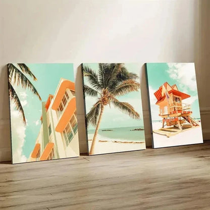 3pcs Miami Beach Palm Trees & Lifeguard Tower Wall Art Canvas Unframed - High Quality Print 100% Australian Made Wall Canvas