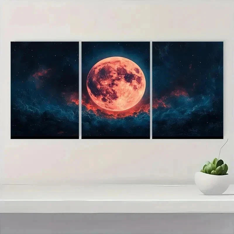 3pcs Vibrant Moon Cosmic Night Sky Art l Wall Art Set Canvas Framed 40x60cm - High Quality Print 100% Australian Made Wall Canvas Ready to Hang