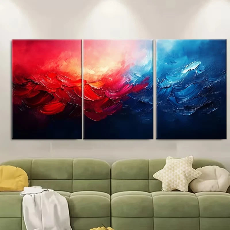 3pcs Vibrant Abstract Red and Blue Brushstroke Metal Print Ready to Hang Art