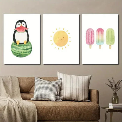 3pcs Baby Penguin on Watermelon Summer Popsicle Wall Art Set Canvas Unframed - High Quality Print 100% Australian Made Wall Canvas - Bella Home Decor