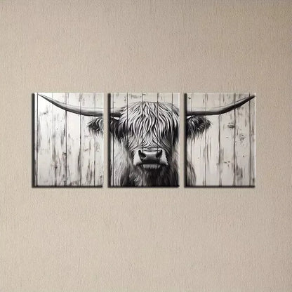 3pcs Friendly Vintage Style Highland Cattle Wall Art Set Canvas Framed 50x70cm - High Quality Print 100% Australian Made Wall Canvas Ready to Hang