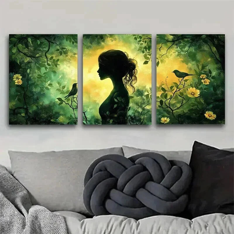 3pcs Mysterious Woman in Green Forest Perfect Wall Art Set Canvas Framed 60x90cm - High Quality Print 100% Australian Made Wall Canvas Ready to Hang - Bella Home Decor
