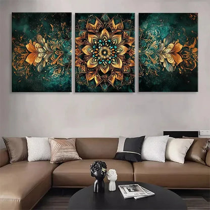 3pcs Golden Mandala Geometric Panel Wall Art Canvas Unframed - High Quality Print 100% Australian Made Wall Canvas - Bella Home Decor