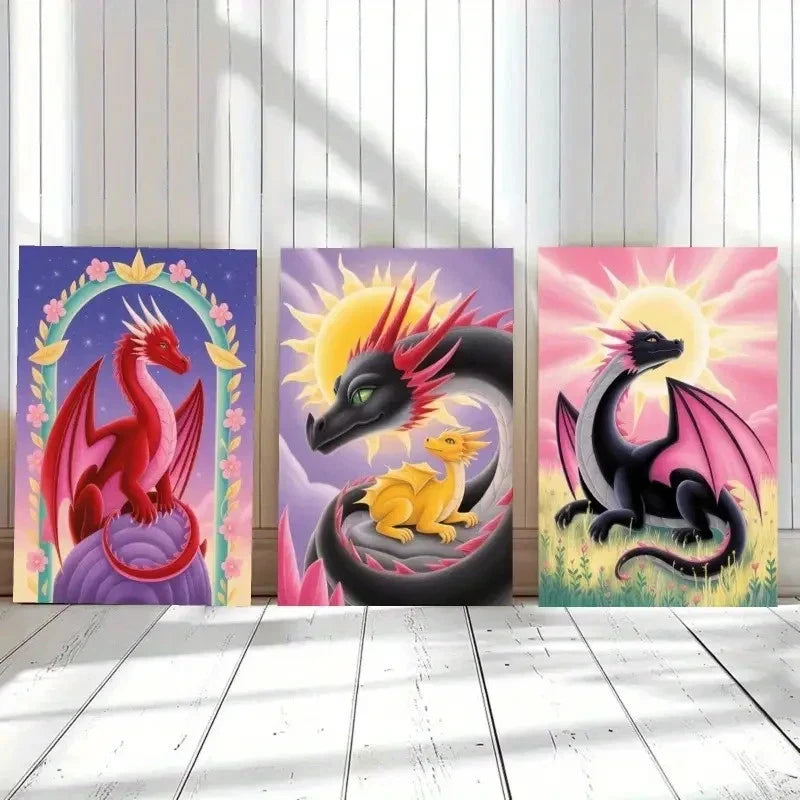 3pcs Dragon, Flowers, Fantasy Wall Art Set Canvas Framed 40x60cm - High Quality Print 100% Australian Made Wall Canvas Ready to Hang - Bella Home Decor
