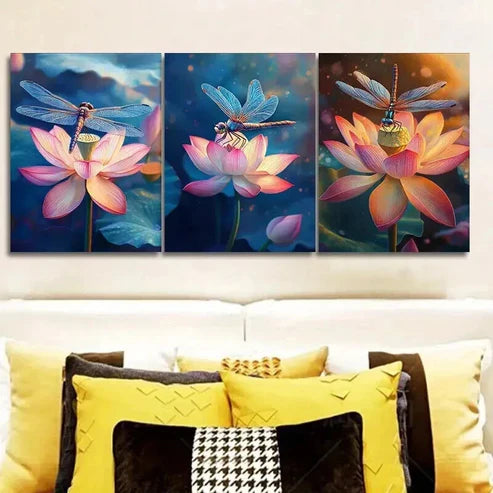 3pcs Dragonflies Resting on Lotus Flowers   Wall Art Set Canvas Unframed - High Quality Print 100% Australian Made Wall Canvas - Bella Home Decor