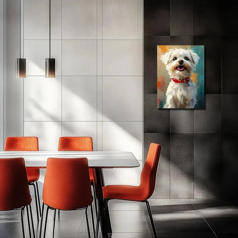 Adorable White Maltese Dog With Red Collar Smiling 40x60cm Metal Print Ready to Hang