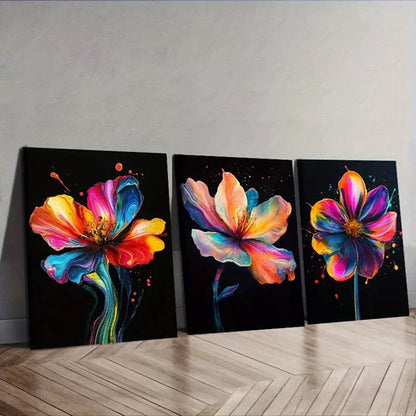 3 PCS A Colorful Flower Black Background Wall Art Set Canvas Unframed - High Quality Print 100% Australian Made Wall Canvas - Bella Home Decor