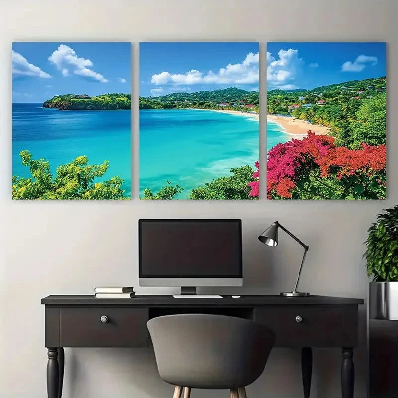 3pcs Tropical Beach Scene Grenada Perfect Wall Art Set Canvas Framed 40x60cm - High Quality Print 100% Australian Made Wall Canvas Ready to Hang