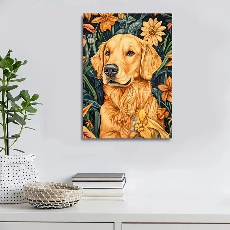 Vibrant Golden Retriever Dog with Flowers Painting 40x60cm Metal Print Ready to Hang - Bella Home Decor