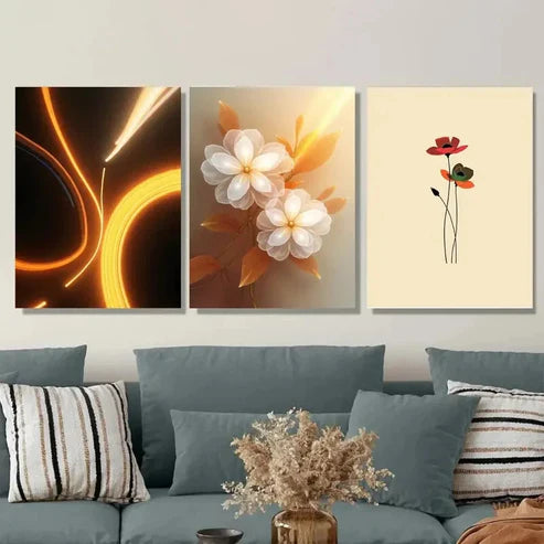 3pcs Modern Floral Elegant White Flowers Canvas Unframed - High Quality Print 100% Australian Made Wall Canvas