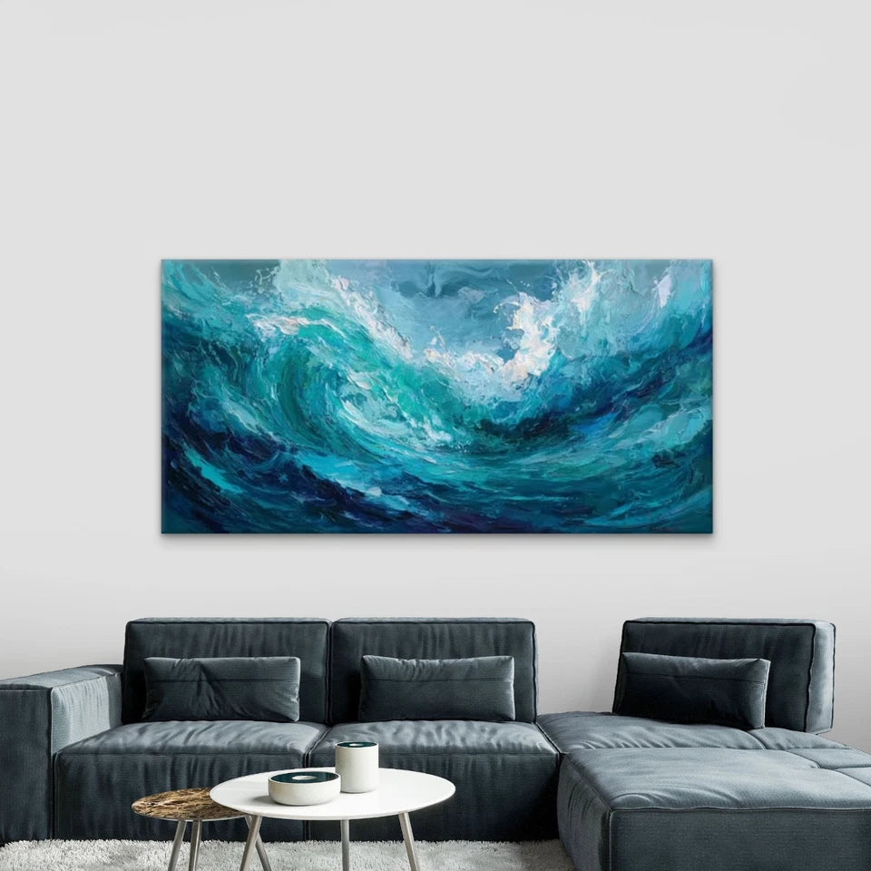 Blue & Waves Painting Wall Art Canvas Office Home Room Framed 120x60cm
