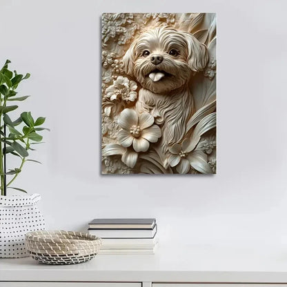 Cheerful Shih Tzu Surrounded by Flowers Painting 40x60cm Metal Print Ready to Hang - Bella Home Decor