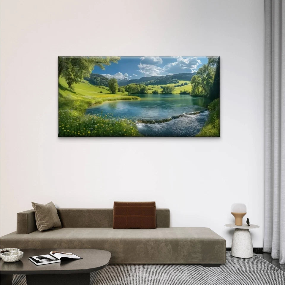 Lush Greenery & Blue Sky Lake Wall Art Canvas Office Home Room Framed 120x60cm