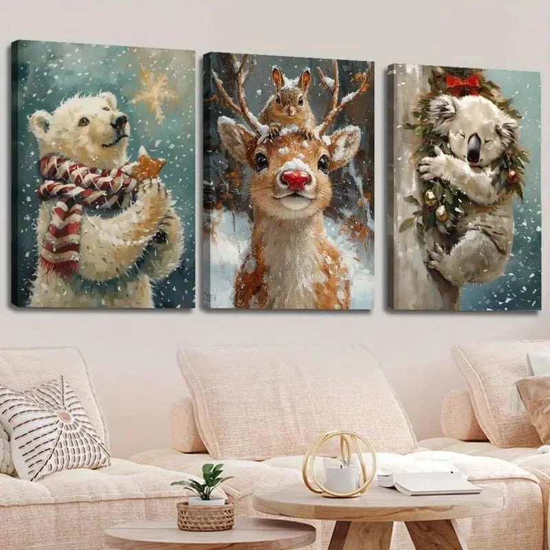 3pcs Cozy Winter Scene  Bear, Deer & Koala Wall Art Set Canvas Framed 50x70cm - High Quality Print 100% Australian Made Wall Canvas Ready to Hang - Bella Home Decor